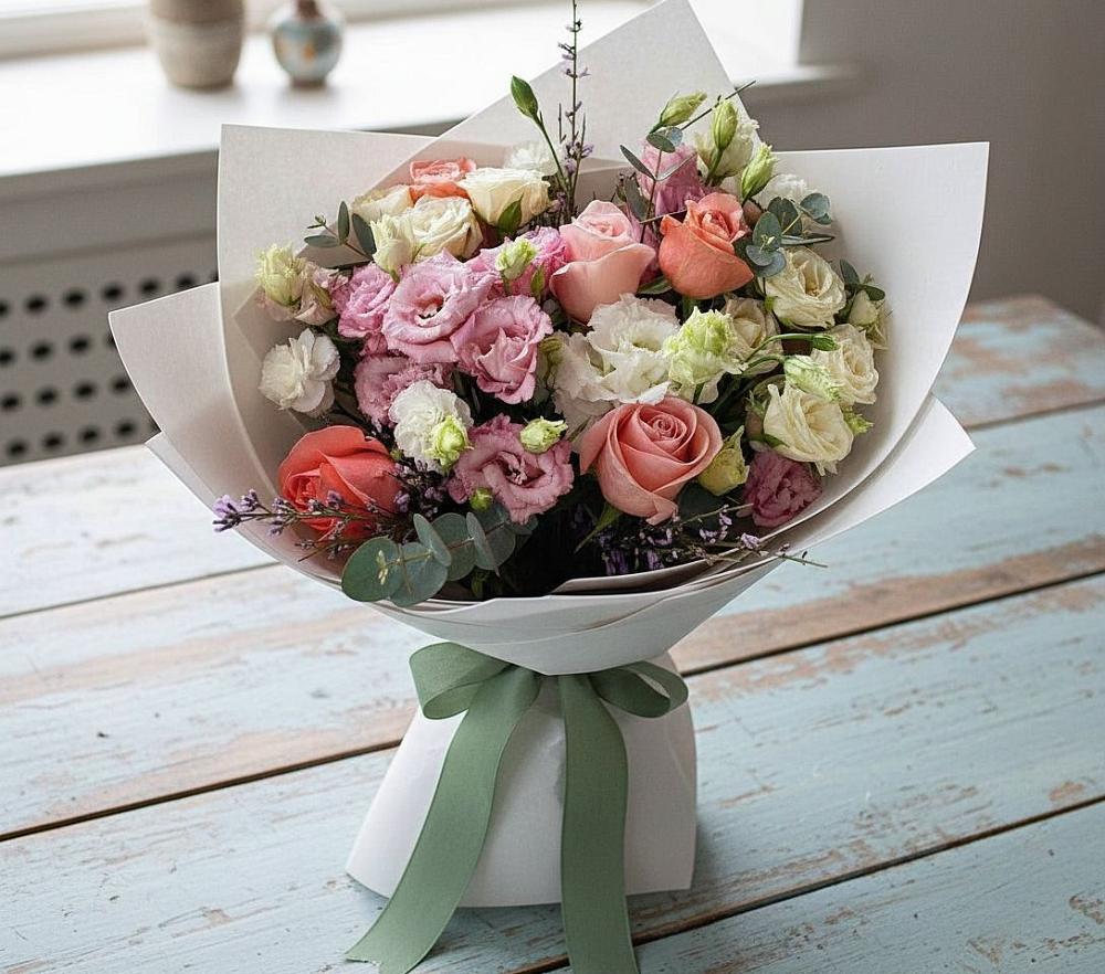 Букет цветов из: Розы, Лизиантусы и Гвоздики в Мотяково