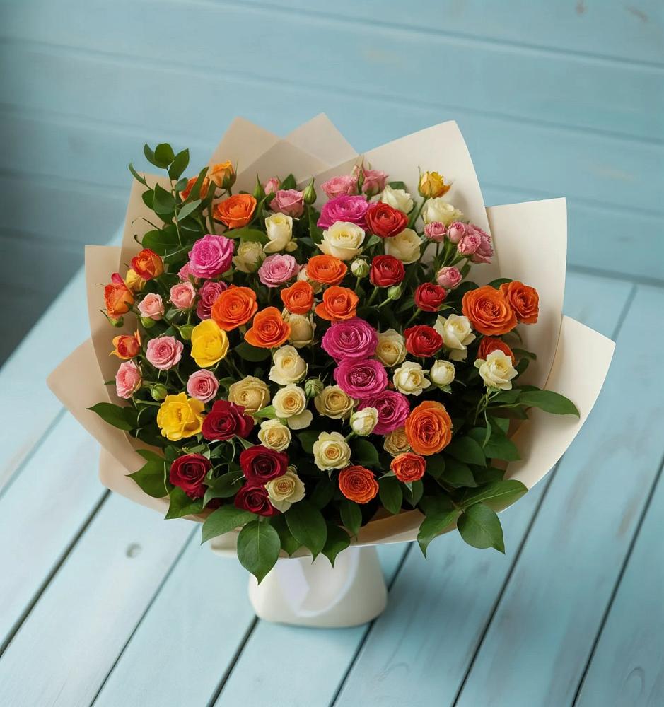 Букет Микс из разноцветных кустовых роз в Мотяково