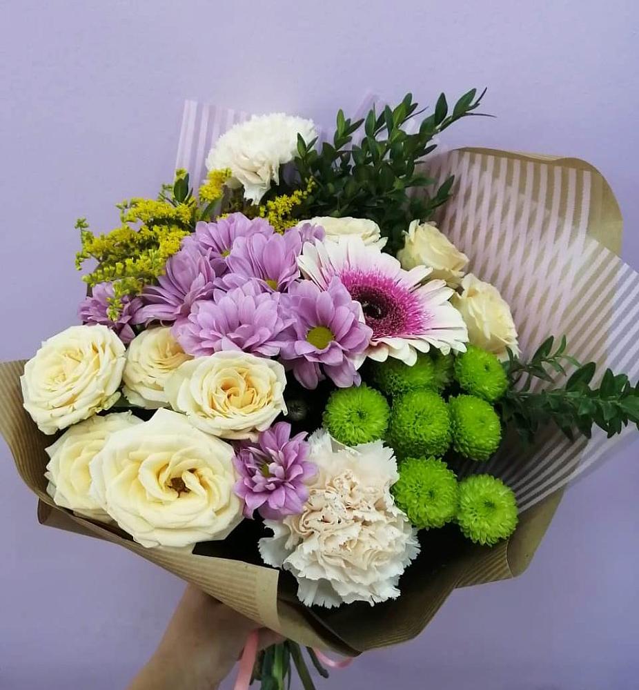 Букет цветов из: Хризантемы, Розы, Гвоздики и Герберы в Мотяково