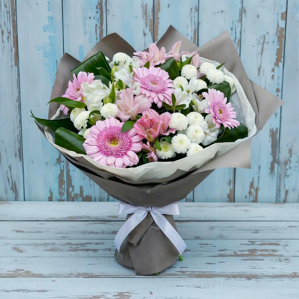 Букет цветов из: Герберы, Альстромерии и Хризантемы в Мотяково